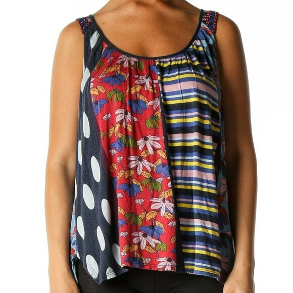 Anthropologie One September Multi Prints Tank Top Blue Motif Relaxed Size M NWT - Picture 1 of 14